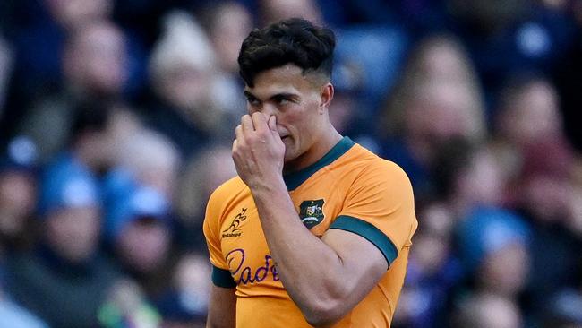 EDINBURGH, SCOTLAND - NOVEMBER 24: Joseph-Aukuso Suaalii of Australia reacts as he leaves the field following medical treatment after picking up an injury during the Autumn Nations Series 2024 match between Scotland and Australia at Scottish Gas Murrayfield on November 24, 2024 in Edinburgh, Scotland. (Photo by Stu Forster/Getty Images)