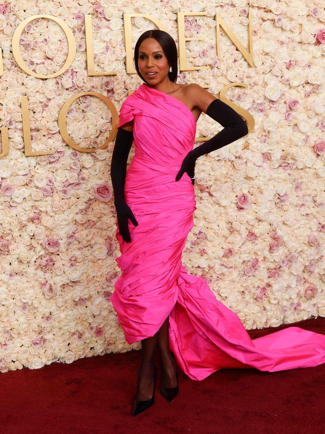 Kerry Washington in a hot pink ruched, draped and tailed Balenciaga with contrasting black gloves. Picture: AFP