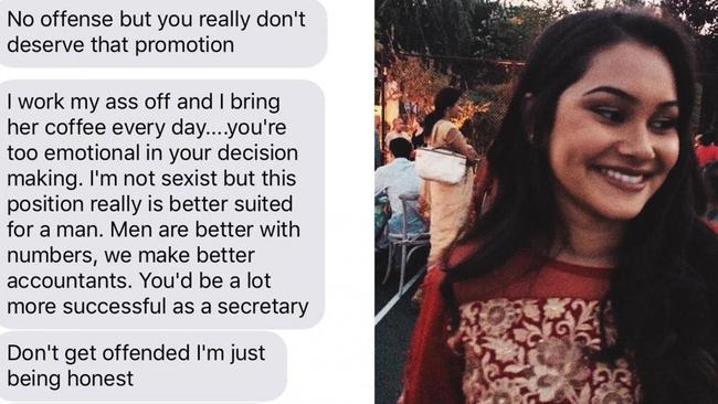 The SMS that she received from her male colleague.