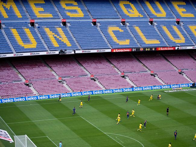 FC Barcelona and Las Palmas face off during the match with not a spectator in sight. Picture: Alex Caparros/Getty Images