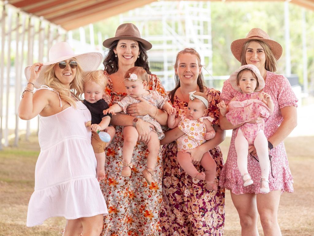 Bridie Powell and her bub Zac, Tylah Mackrow and her bub Sadie, Sharna Wilson and her bub Sienna, Stacey Woolf and Amelia at the Bridge Toyota Ladies' Day. Picture: Floss Adams