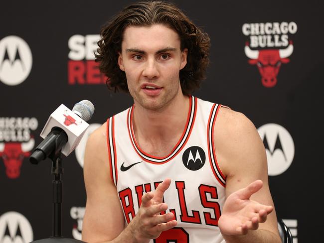 CHICAGO, ILLINOIS - SEPTEMBER 30: Josh Giddey #3 of the Chicago Bulls speaks to the media during Chicago Bulls Media Day at Advocate Center on September 30, 2024 in Chicago, Illinois.  (Photo by Michael Reaves/Getty Images)