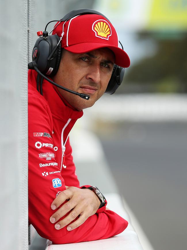 Supercars driver Fabian Coulthard watching his teammate at Mount Panorama Raceway in Bathurst. Picture: Tim Hunter.