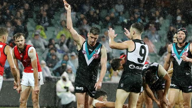 Port Adelaide's Tom Rockliff celebrates a goal against the Bombers. Picture: Sarah Reed