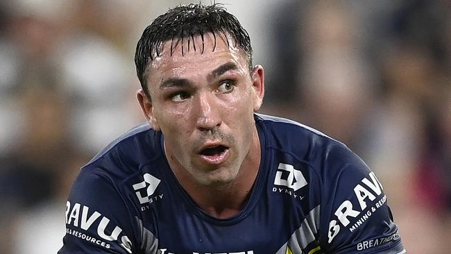 TOWNSVILLE, AUSTRALIA - SEPTEMBER 14:  Reece Robson of the Cowboys passes the ball during the NRL Qualifying Final match between North Queensland Cowboys and Newcastle Knights at Queensland Country Bank Stadium on September 14, 2024 in Townsville, Australia. (Photo by Ian Hitchcock/Getty Images)