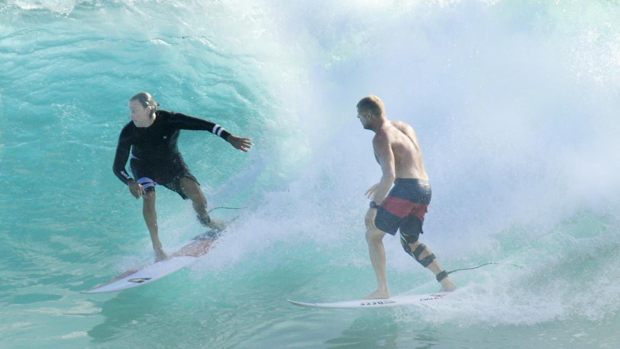 It’s not often surfers take on Fanning, a three-time world champion. Picture: Scott Powick