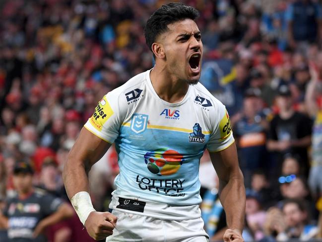 NRL 2024 RD21 Dolphins v Gold Coast Titans - Alofiana Khan-Pereira scores a try. Photo - NRL Images