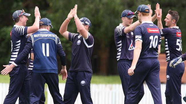 Geelong players celebrate a wicket. Picture: Mark Wilson