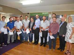 Daily News/Warwick Credit Union Senior Sports Star monthly winners (from left) Jake Wyllie, Tom Hardy, Cahal Davis, Greg Wallace, Mitch Eastwell, Adam Byrne, Ryle Waugh, John Eder, Andrew McConnell, Angus Young, Ben Sullivan, Warwick Credit Union CEO Lewis von Stieglitz and guest speaker Delissa Kimmince. Picture: Gerard Walsh