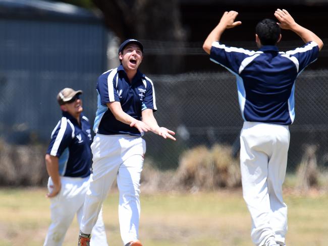 WGCA cricket: Cranbourne Meadows v Upper Beaconsfield @ J and P Cam Reserve.Jason Broomhall celebrates with team mates after catching out Upper Beaconsfied's Matt Hudson.Picture: Jason  SammonSunday 17 January 2016