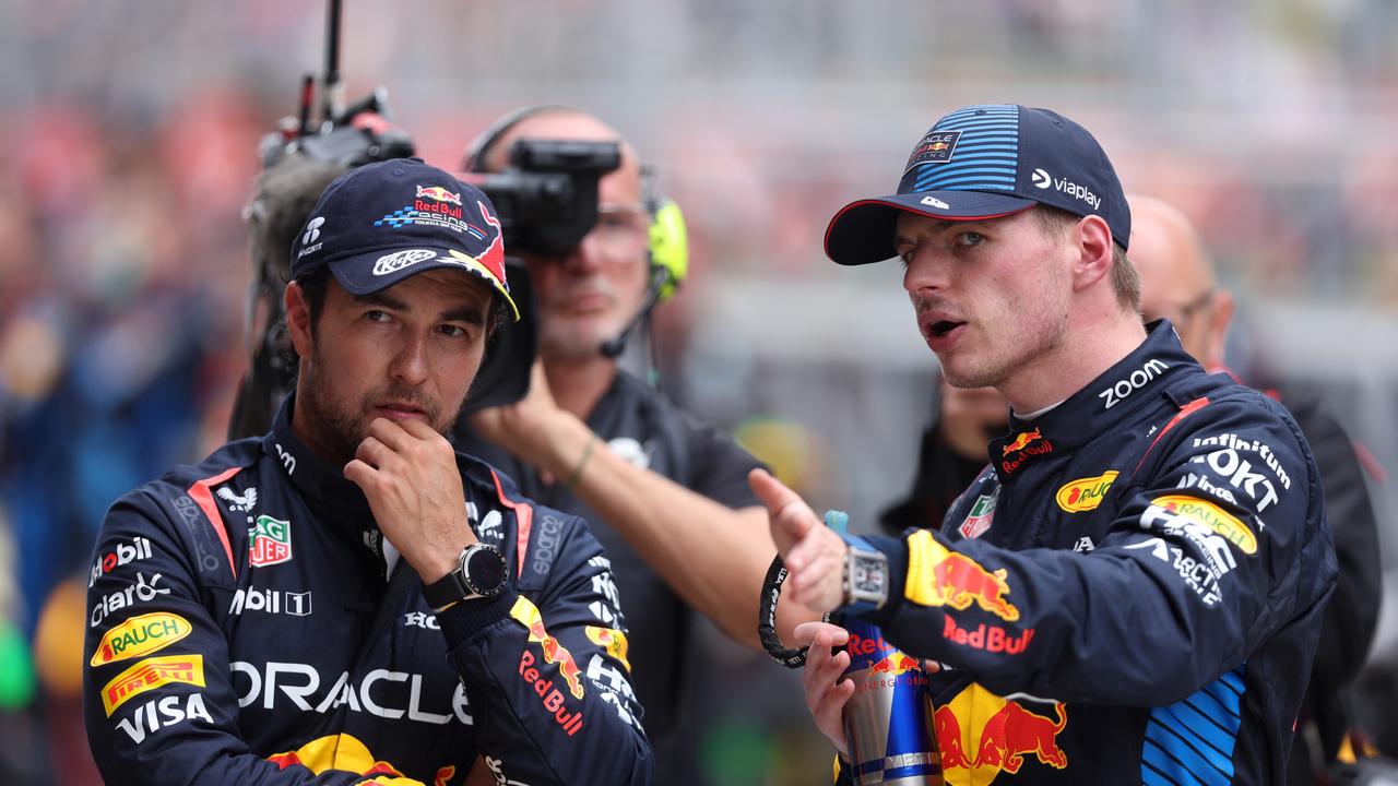 Sprint winner Max Verstappen and teammate Sergio Perez. (Photo by Lars Baron/Getty Images)