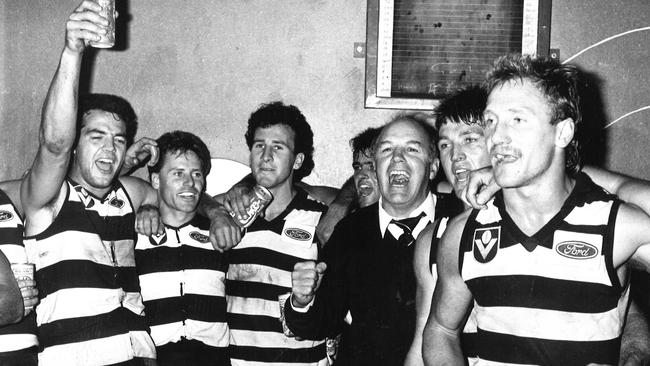 Bairstow (second right) with Geelong coach John Devine (centre) and Cats players including Andrew Bews and Gary Ablett after a win over Sydney in 1987.