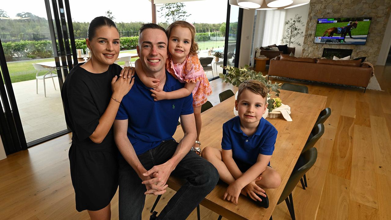 Star jockey Jimmy Orman, his wife Heidi Whalley and their kids, Hallie and Floyd. The family is looking to sell their Nudgee home and build a bigger one, with all the perks of the original. Picture: Lyndon Mechielsen/Courier Mail