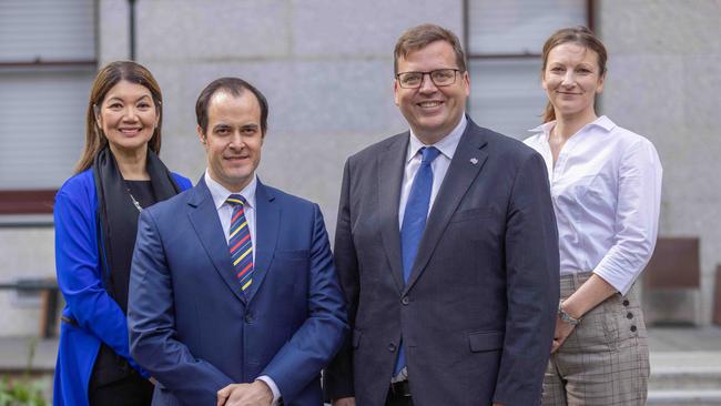 The state Liberal leadership team on Monday morning. From left – Jing Lee, Vincent Tarzia, John Gardner and Nicola Centofanti. Picture: NewsWire / Ben Clark