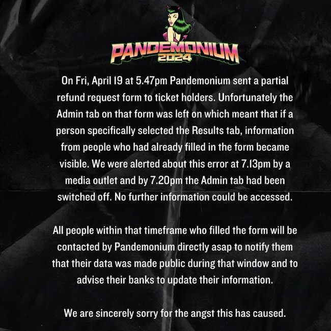 The festival's response to the data breach. Picture: Pandemonium Rocks