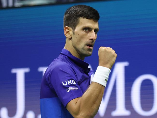 NEW YORK, NEW YORK - SEPTEMBER 10: Novak Djokovic of Serbia reacts as he plays against Alexander Zverev of Germany during their Menâs Singles semifinal match on Day Twelve of the 2021 US Open at the USTA Billie Jean King National Tennis Center on September 10, 2021 in the Flushing neighborhood of the Queens borough of New York City.   Matthew Stockman/Getty Images/AFP == FOR NEWSPAPERS, INTERNET, TELCOS & TELEVISION USE ONLY ==