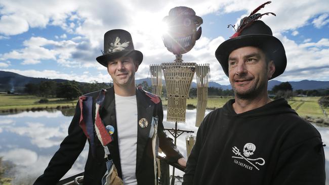 Willie Smiths' Andrew Smith and Burning Man creator Marcus Gibbon put some finishing touches on the ill fated effigy ahead of the Mid-Winter Feast. Picture: MATHEW FARRELL