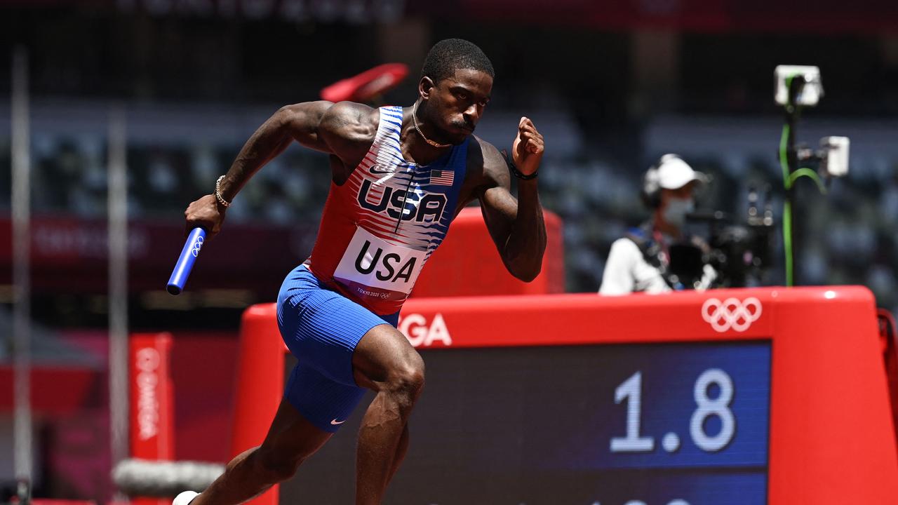 USA’s Trayvon Bromell competes in the men's 4x100m relay heats. Picture: AFP