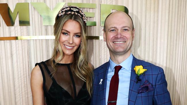 7/11/17 Jennifer Hawkins with Myer CEO Richard Umbers in the Myer marquee in the birdcage at the 2017 Emirates Melbourne Cup. Aaron Francis/The Australian