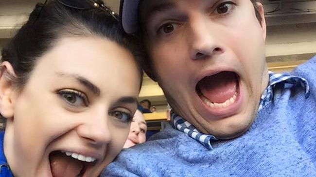 Ashton Kutcher with Mila Kunis, Love winning on opening day. Go Dodgers! Picture: Facebook