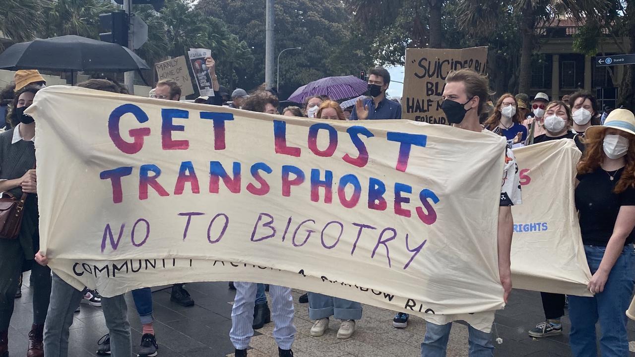 The Community Action for Rainbow Rights held a rally outside Hotel Steyne at The Corso in Manly to protest the continued political endorsement of Warringah Liberal candidate Katherine Deves following her resurfaced anti-transgender tweets. Picture by Dana Pendrick