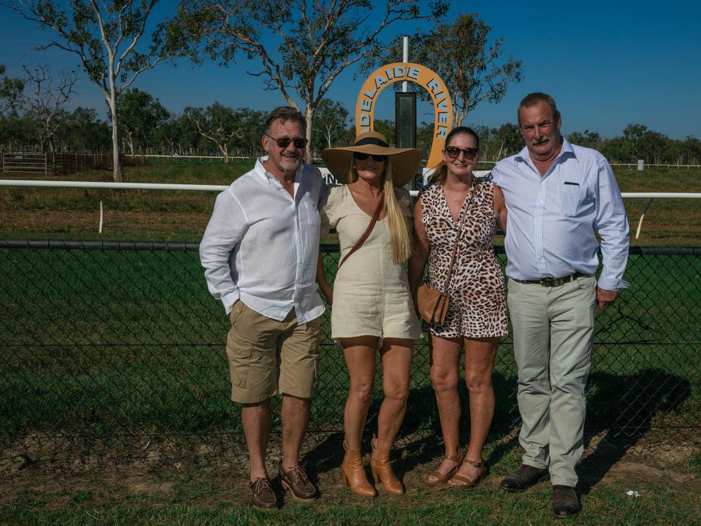 Peter Dummett, Jacqui O’Reily, Sally Edwards and Trevor Edwards at the 2021 Adelaide River Races. Picture: Glenn Campbell.