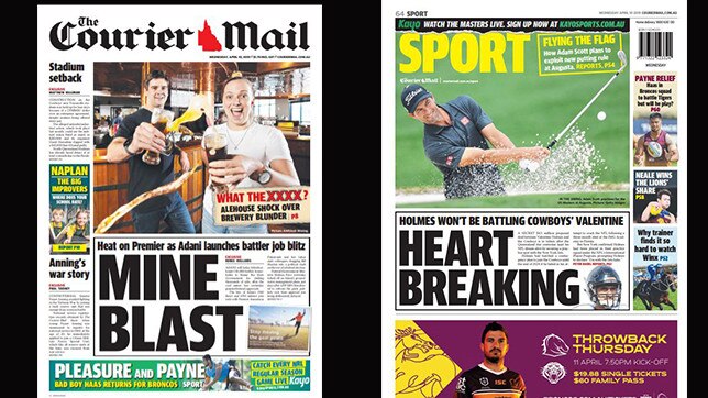 The Courier Mail front and back pages for Wednesday April 10, 2019