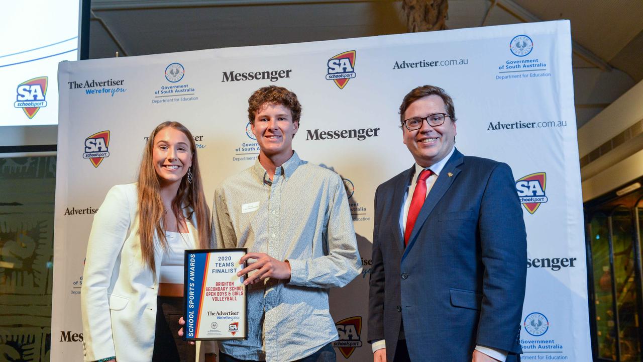 Education Minister John Gardner runners up Miss Kendall and Rory Hart from Brighton Secondary School Open Boys Girls Volleyball team at The School Sports Awards at the SA Museum. Picture: Brenton Edwards