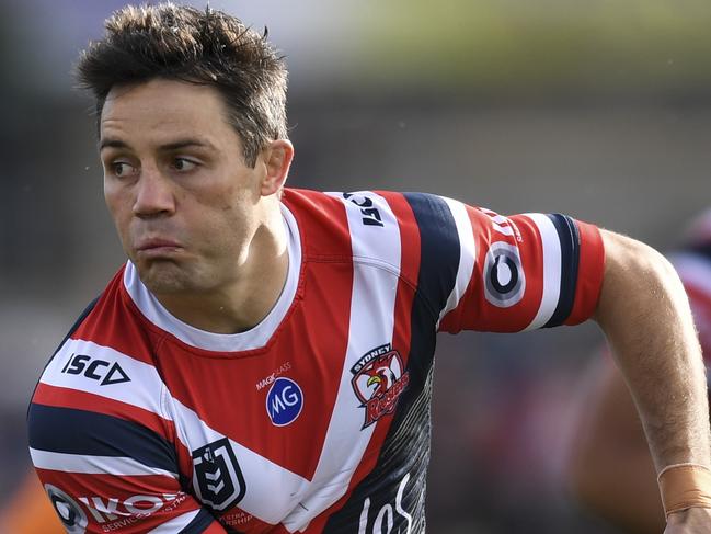 Cooper Cronk of the Roosters in action during the Round 21 NRL match between the Canberra Raiders and the Sydney Rosters at GIO Stadium in Canberra, Sunday, August 11, 2019. (AAP Image/Lukas Coch) NO ARCHIVING, EDITORIAL USE ONLY