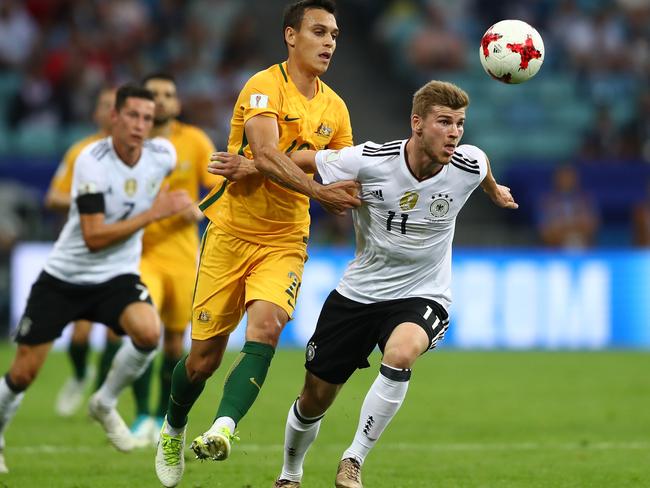 Trent Sainsbury has a tough time with Germany’s Timo Werner.