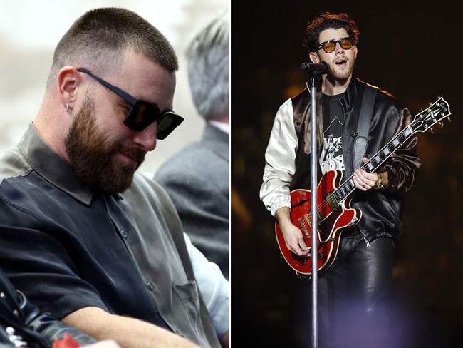 Travis Kelce wearing a $695 Songs for the Mute shirt, left, and Nick Jonas in a $1500 Songs for the Mute jacket. Pictures: Supplied