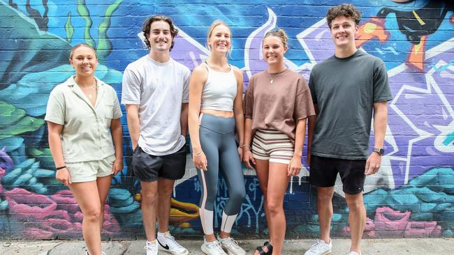 National Youth Survey - L-R - Sophie Walters, 19, Luke Harrison, 20, Grant Tucker, 20, Piper Harrison, 20, Jessica Saunders, 19, in Manly. Picture By Ryan Osland