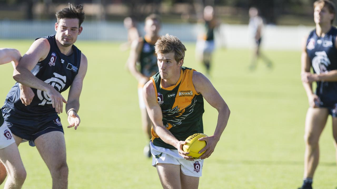 Matthew Dykes of Goondiwindi Hawks against Coolaroo in AFL Darling Downs Allied Cup senior men grand final at Rockville Park, Saturday, September 2, 2023. Picture: Kevin Farmer