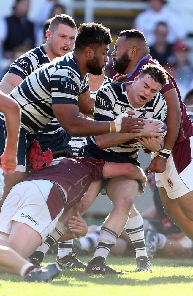 Patrick James is tackled during Brothers’ 31-26 grand final loss against University in 2019. He got his premiership in 2023 and then again in 2024.