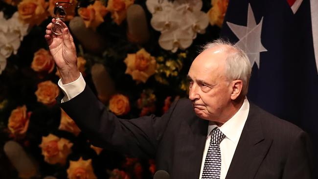 The Honourable Paul Keating delivers his eulogy at the memorial service for the late former Australian Prime Minister Bob Hawke at Sydney Opera House today. Picture: Mark Metcalfe/Getty