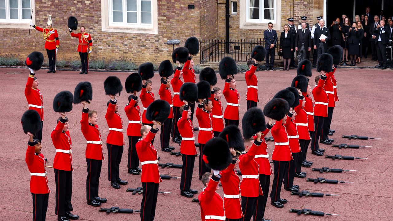 Members of the Coldstream guards perform as the Principal Proclamation is read from the balcony overlooking Friary Court after the accession council, as King Charles III is proclaimed King, at St James. Picture: Getty