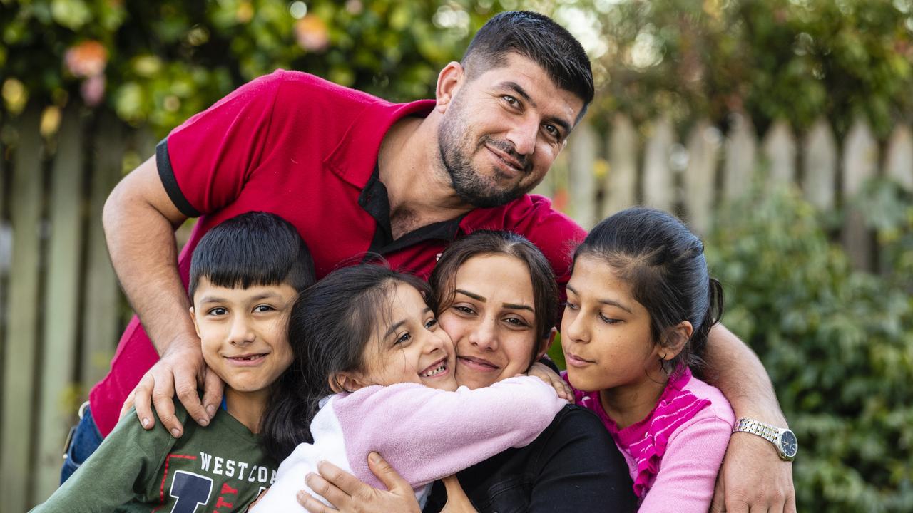 Hazm Khudedo his wife Shazia Al Qaso and their children (from left) Lavand Khero, Rahaf Khero and Maram Khero have made a new life in Toowoomba, Tuesday, June 21, 2022. Picture: Kevin Farmer