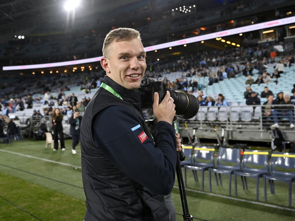 SPOTTED! Injured NSW Blues star Tom Trbojevic stepping up his media duties. Picture: NRL Imagery