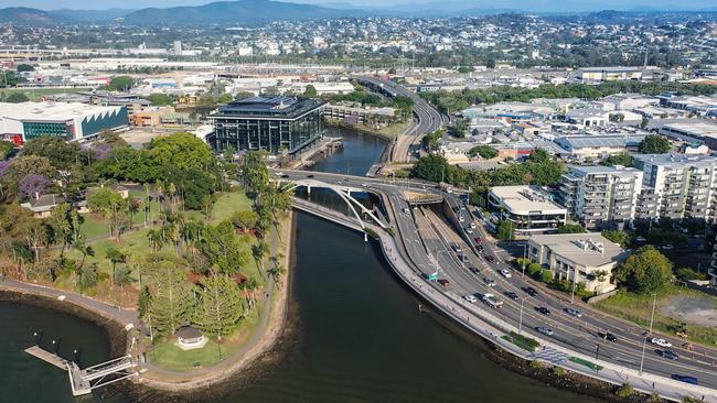 An aerial view artist’s impression of the Breakfast Creek green bridge.