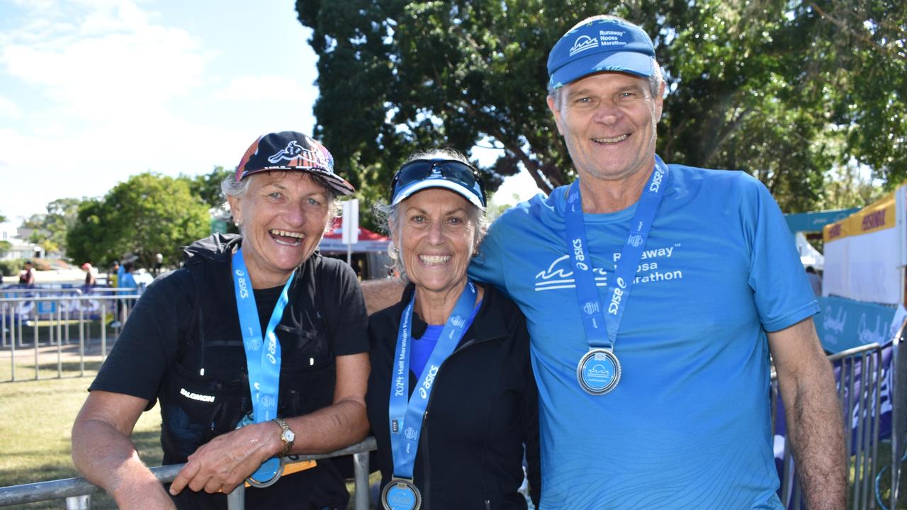 Lyn Stiller, Karen and Ross Boundy at the Noosa Marathon 2024.