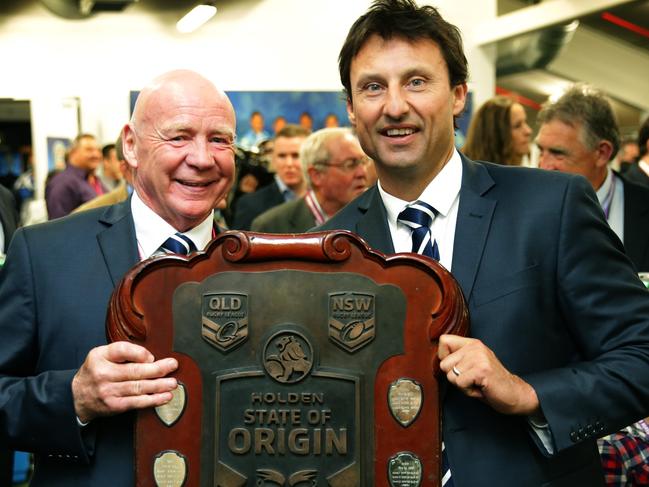 Bob Fulton and LAurie Daley with the shield after game 3 of the 2014 Origin series between the NSW Blues and Queensland Maroons at Suncorp Stadium.Picture Gregg Porteous