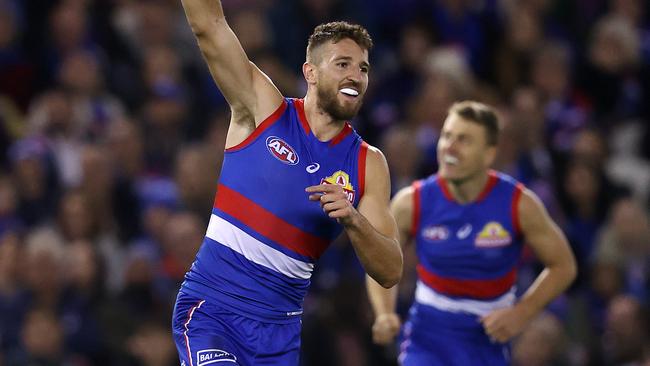 Marcus Bontempelli celebrates a third quarter goal. Picture: Michael Klein