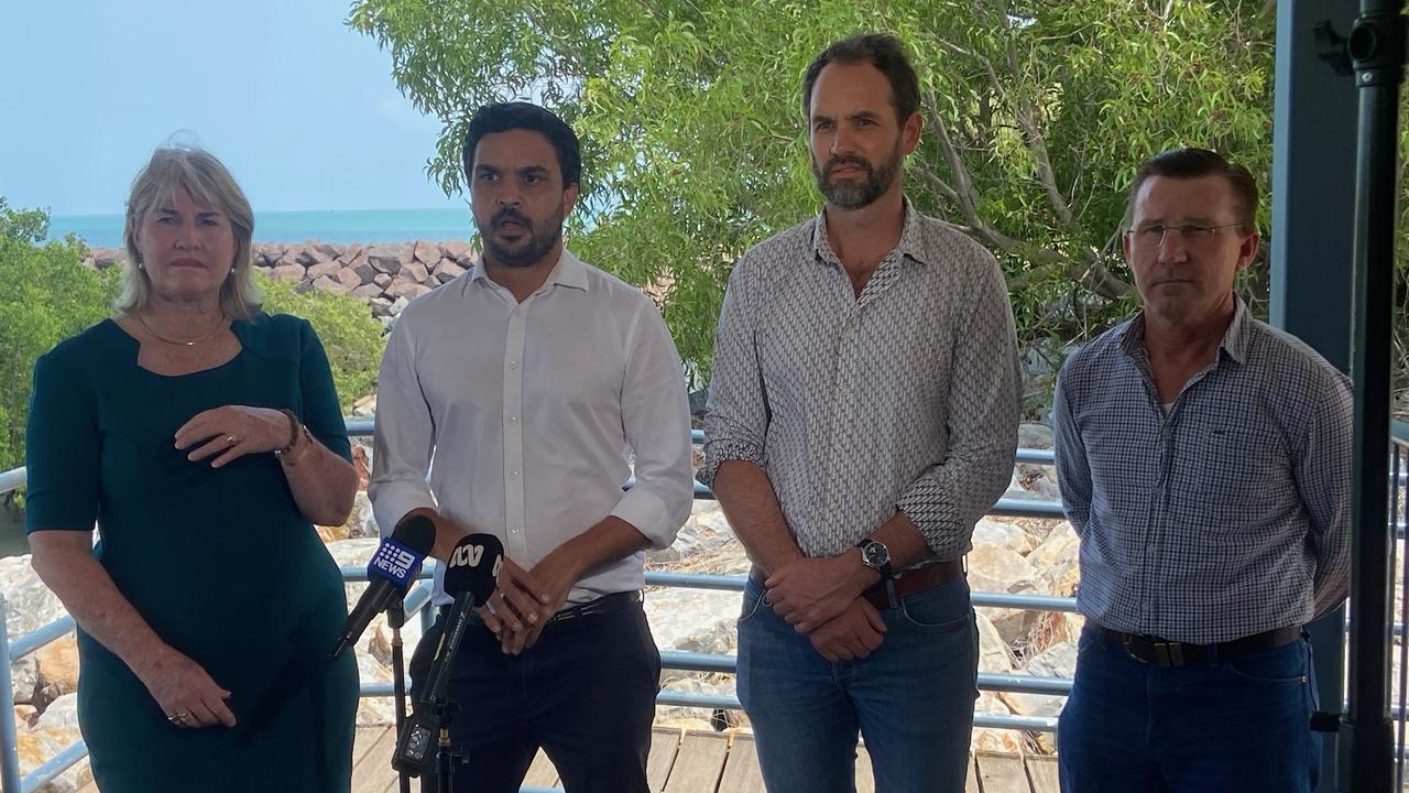 Mandorah jetty Territory Development Minister Eva Lawler, Member for Daly Dheran Young, SMC Marine's Peter Phillip and executive director Infrastructure NT Shane Dahlhelm.