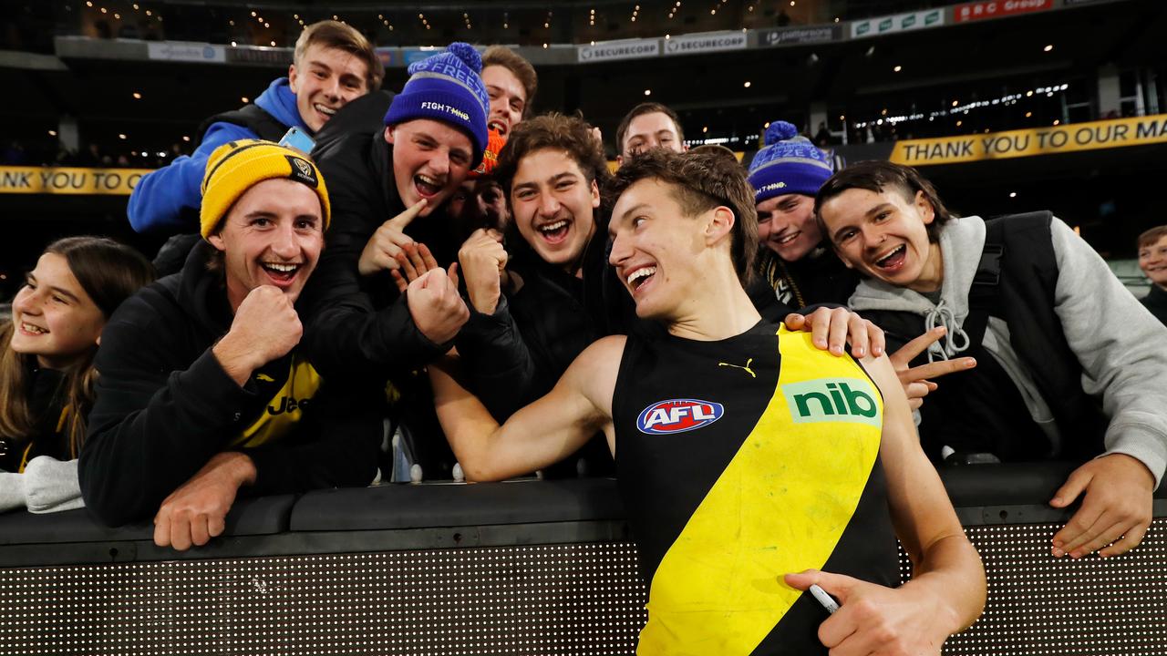 Judson Clarke of the Tigers celebrates. Photo by Dylan Burns/AFL Photos via Getty Images