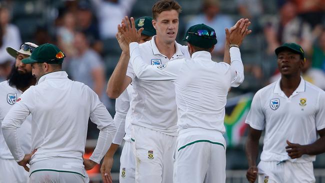 Morne Morkel celebrates a wicket with his South African teammates.