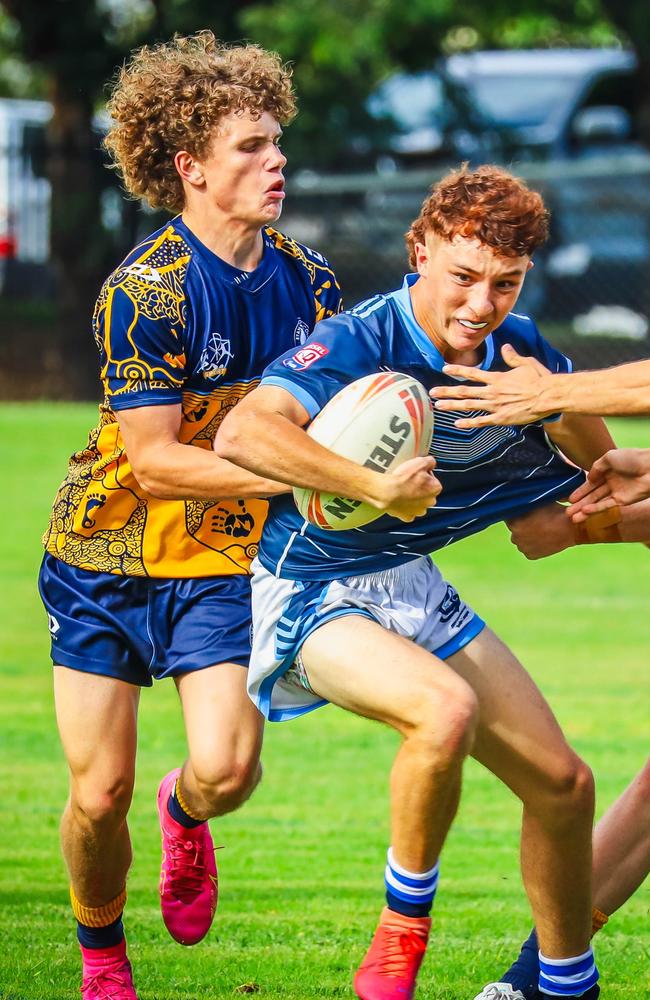 Blackheath and Thornburgh College host Ryan Catholic College in the opening round of the 2024 Townsville Blackhawks Schoolboy Trophy. Ryan’s Landon Meres tackles BTC's Baeden Hynds. Picture: Blackheath &amp; Thornburgh College.