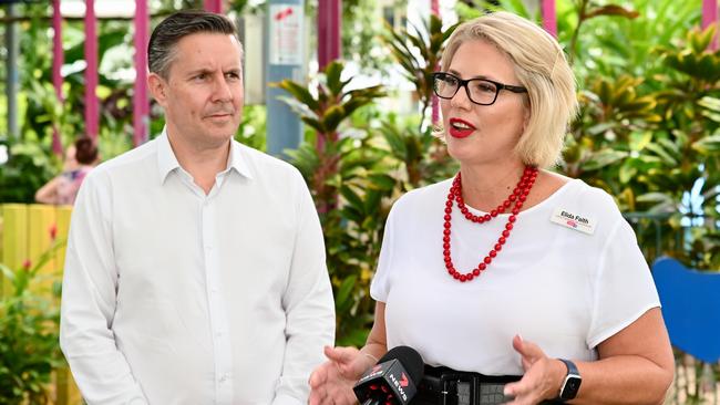 Elida Faith speaks about Labor's commitment to funding the expansion of the newborn screening program alongside Shadow Minister Health and Ageing Mark Butler. Photo: Isaac McCarthy