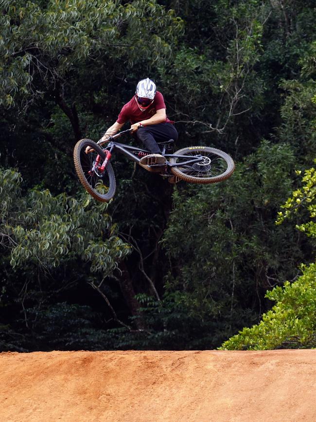 A mountain bike rider competes in the National Whipoff Championship on Day One of Crankworx Cairns. Picture: Brendan Radke