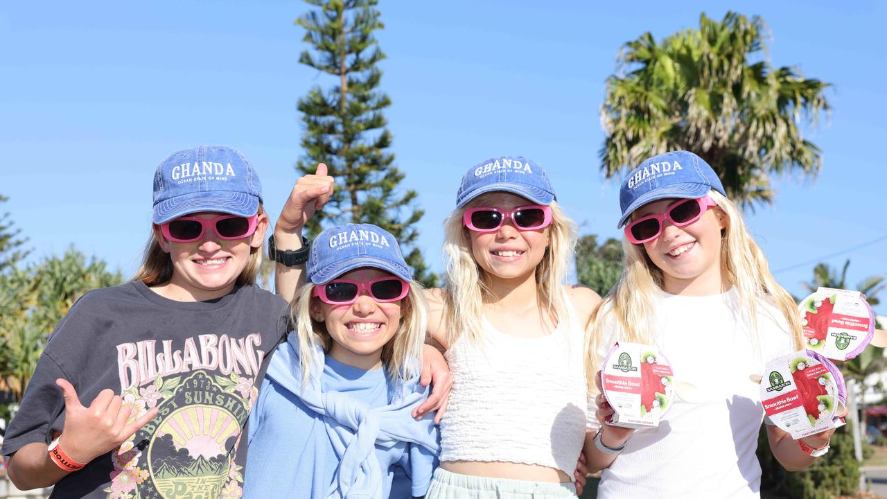 Coco Gillett, Estella Carbonelli, Ily Fraser and Sage Fleming at Seas The Day Womens Surf Festival at Kingscliff for Gold Coast at Large. Picture, Portia Large.