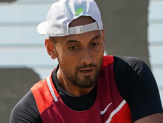 STUTTGART, GERMANY - JUNE 11: Nick Kyrgios of Australia plays a bachand during the Men`s Singles Semi-final match between Andy Murray of Great Britain and Nick Kyrgios of Australia during day six of the BOSS OPEN at Tennisclub Weissenhof on June 11, 2022 in Stuttgart, Germany. (Photo by Christian Kaspar-Bartke/Getty Images)